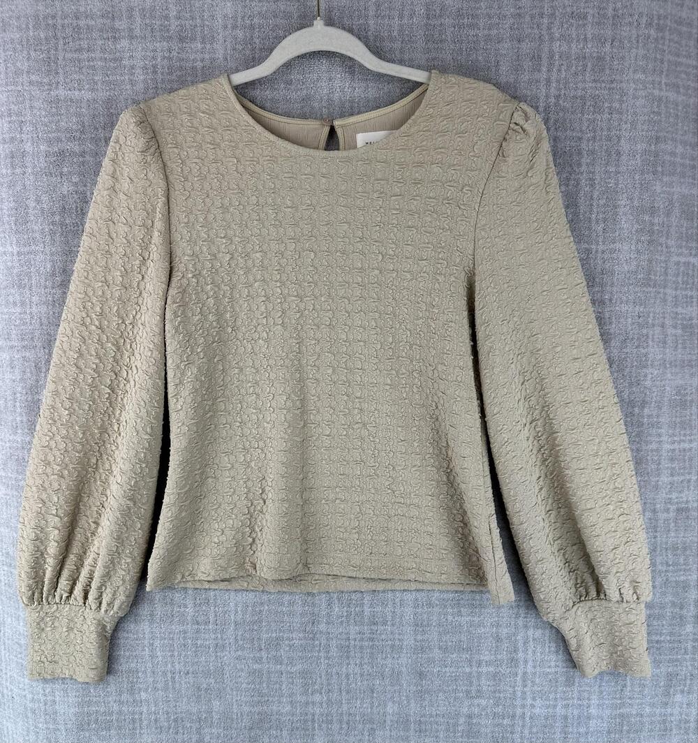 Melloday Blouse Womens L Beige Textured Knit Balloon Long Sleeve Crew Neck